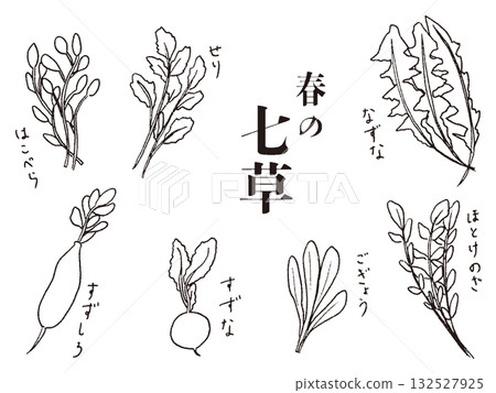 Hand-drawn set of seven herbs of spring in black and white Hand-drawn set of seven herbs of spring in black and white 132527925