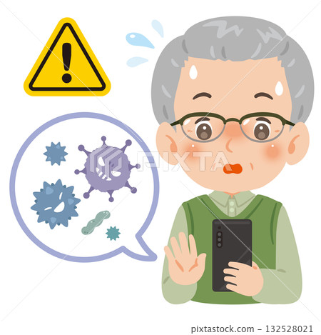 一位老年男子的智慧型手機感染了病毒，圖中展示了他的上半身。 132528021