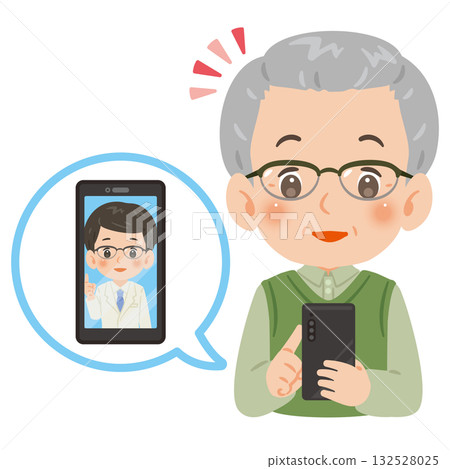一位老年男子透過智慧型手機接受線上醫療服務,圖中展示了他的上半身。 一位老年男子透過智慧型手機接受線上醫療服務,圖中展示了他的上半身。 132528025
