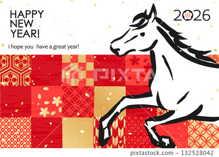 Japanese 2026 New Year's materials: Horses on a checkered pattern with various patterns 132528042