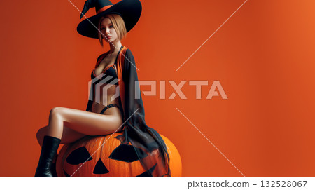 萬聖節圖片：一位美麗的巫婆cosplay女子坐在一個大南瓜上 132528067