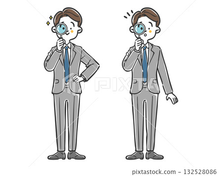 商人透過放大鏡查看,全身像,向量圖 商人透過放大鏡查看,全身像,向量圖 132528086
