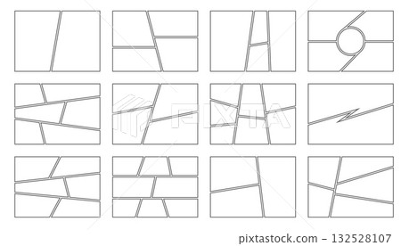 Templates for comic book. Manga frames and layout pages with grid on white background. Vector horizontal empty storyboard for poop art and anime design. Templates for comic book. Manga frames and layout pages with grid on white background. Vector horizontal empty storyboard for poop art and anime design. 132528107