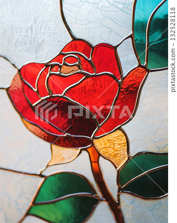 Stained glass with a red rose image AI image 132528118
