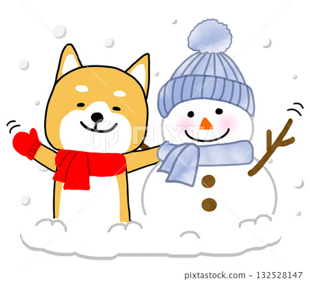 A Shiba Inu waving with a smile, with his arm around a snowman A Shiba Inu waving with a smile, with his arm around a snowman 132528147