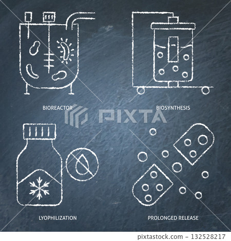 Biomanufacturing and bio technologies chalkboard icon set 132528217