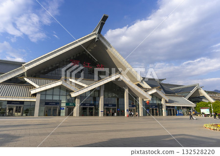 Lijiang, China - April 10, 2024 : View of the main building of Lijiang Railway Station in Lijiang, China on April 10, 2024. 132528220