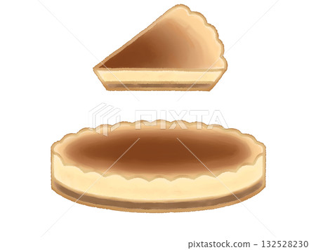烤焦的起司蛋糕插圖——完整和切塊 132528230