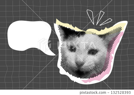 Cat halftone collage sticker set, trendy retro y2k pet, funky emoticon animal, pop aesthetic. Meme head with speech bubble. Funny kitty. 132528393