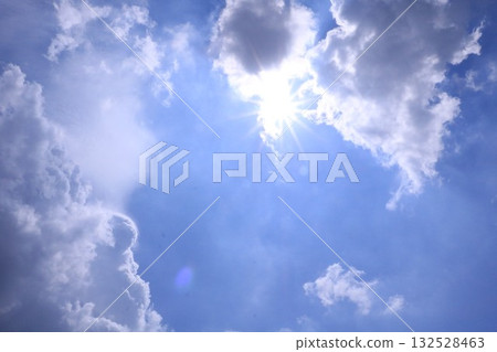 夏日天空的景象,陽光灑在藍天白雲上。 夏日天空的景象,陽光灑在藍天白雲上。 132528463
