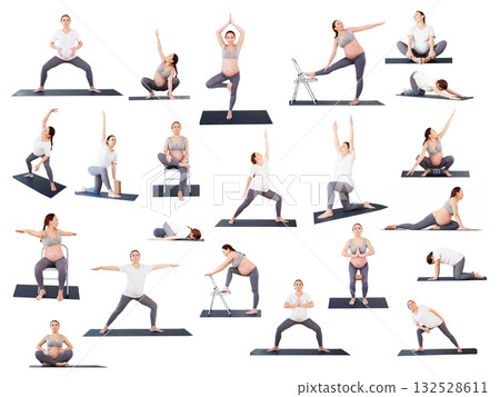 Pregnant woman is engaged in yoga. Extended Side Angle Pose or Utthita Parsvakonasana 132528611