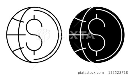 Linear icon. Dollar sign of global financial system against the background of globe. Simple vector isolated on white background 132528718