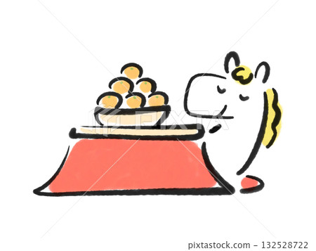 白馬在暖桌旁休憩,橘子,水墨畫,手繪 白馬在暖桌旁休憩,橘子,水墨畫,手繪 132528722