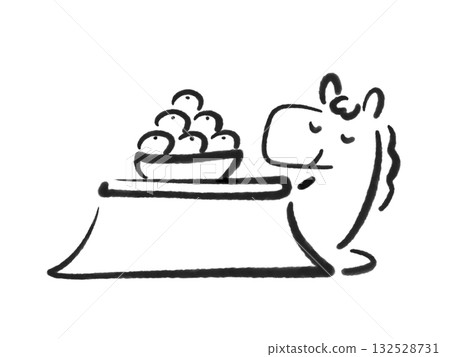 馬兒在暖桌旁休憩，橘子，水墨畫，手繪，單色 132528731