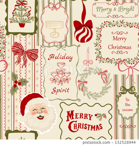 Vintage Christmas posters collage seamless pattern. Vector retro winter holiday mosaic print, Santa background 132528944
