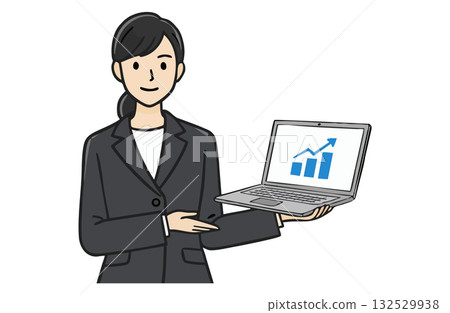 女商人展示筆記型電腦螢幕（上半身，純色） 132529938