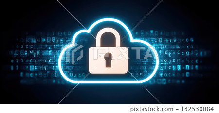 Cloud computing security concept with glowing cloud and lock symbol on digital background representing data protection and cybersecurity technology 132530084