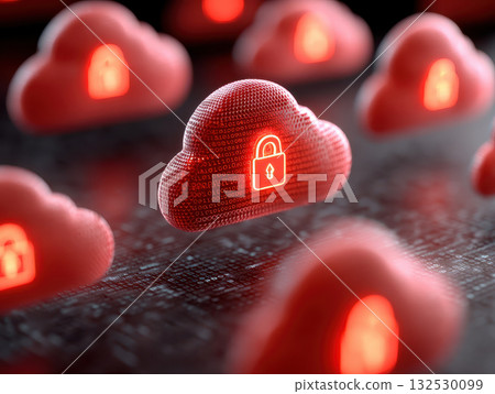 Cloud computing security concept with red digital cloud icons and glowing padlock symbols representing data protection and cybersecurity in technology environment 132530099