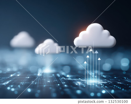 Cloud computing concept with digital cloud icons and security arrows symbolizing data protection and secure network connection in technology environment 132530100