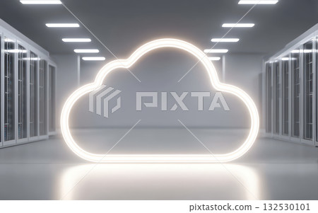 Cloud computing security concept with glowing cloud shape in modern data center room with server racks and bright ceiling lights 132530101
