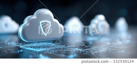 Cloud computing security concept with shield icon on cloud shape symbolizing data protection and secure network in digital technology environment 132530124