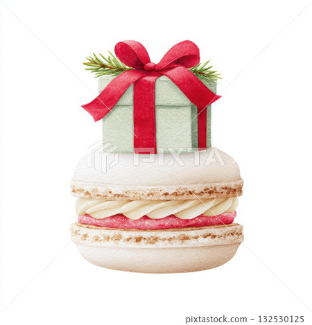 Delicate macaron with creamy filling is topped with Christmas gift box wrapped in red ribbon and pine sprigs, beautifully illustrated in watercolor style for festive joy Delicate macaron with creamy filling is topped with Christmas gift box wrapped in red ribbon and pine sprigs, beautifully illustrated in watercolor style for festive joy 132530125
