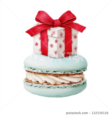 Delicate watercolor painting of macaron topped with Christmas gift box wrapped in red ribbon creating festive and sweet holiday treat full of charm and joy 132530126
