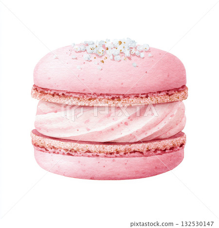 Pink macaron with creamy filling and white sprinkles on top painted in delicate watercolor style perfect for Christmas celebration and festive dessert design Pink macaron with creamy filling and white sprinkles on top painted in delicate watercolor style perfect for Christmas celebration and festive dessert design 132530147