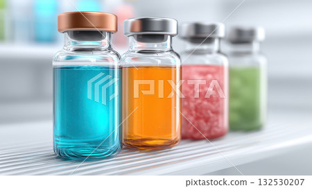 Pharmaceutical drug development concept with colorful liquid and powder in glass vials on laboratory shelf showing scientific research and medical innovation for health care progress 132530207