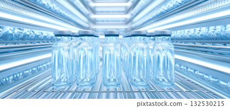 Pharmaceutical drug development concept with clear glass vials in sterile environment showing process of creating new medicine in controlled laboratory setting Pharmaceutical drug development concept with clear glass vials in sterile environment showing process of creating new medicine in controlled laboratory setting 132530215