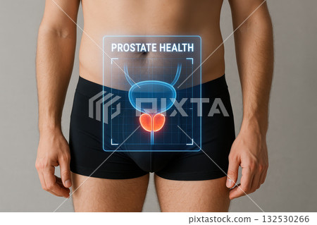 Prostate health concept showing male lower abdomen with digital medical illustration of prostate gland in red highlighting medical focus on urology and male health care treatment Prostate health concept showing male lower abdomen with digital medical illustration of prostate gland in red highlighting medical focus on urology and male health care treatment 132530266