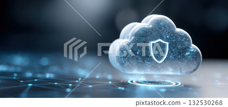 Cloud computing security concept with digital cloud and shield icon representing data protection and network safety in futuristic technology environment 132530268