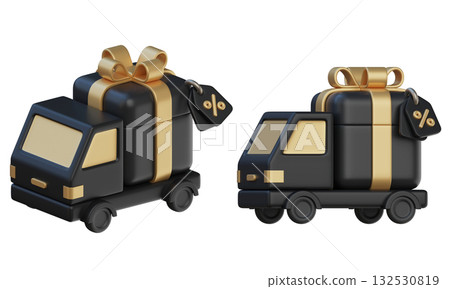 cartoon style black friday Black Delivery Trucks with Golden Gift Boxes and Discount Tags 3D graphic 132530819