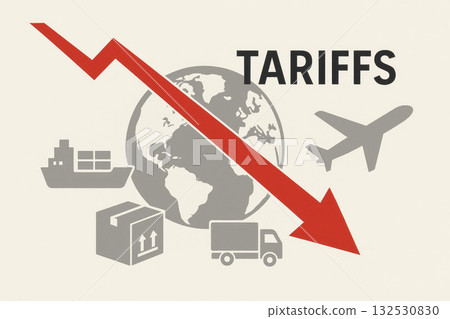 Global trade impact shown with downward red arrow over globe and transport icons illustrating tariffs reduction affecting shipping and cargo in clear economic concept Global trade impact shown with downward red arrow over globe and transport icons illustrating tariffs reduction affecting shipping and cargo in clear economic concept 132530830