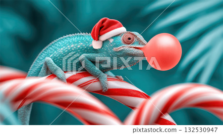 Funny Christmas chameleon wearing Santa hat blowing red bubble gum while perched on candy cane creating festive and amusing holiday scene full of joy and color Funny Christmas chameleon wearing Santa hat blowing red bubble gum while perched on candy cane creating festive and amusing holiday scene full of joy and color 132530947