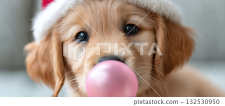 Funny Christmas puppy wearing red hat blowing pink bubble gum closeup 132530950