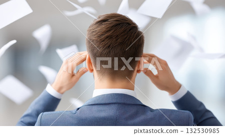 Man in blue suit experiences mental stress at work with papers flying around him, highlighting challenges of maintaining mental health in busy office environment 132530985