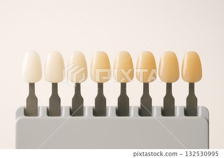 Veneer shade guide with natural tooth color samples arranged in row showing gradient from light to dark for dental matching and aesthetic purposes 132530995