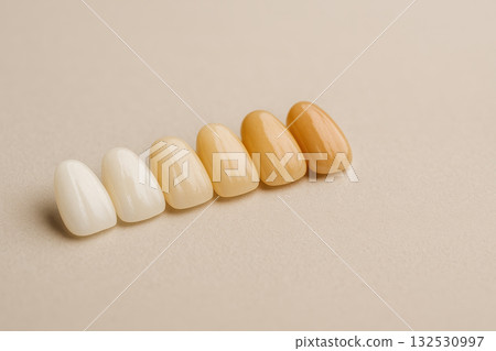 Veneer dental shade guide with natural color gradient showing various tooth colors for restoration and cosmetic dentistry on beige background Veneer dental shade guide with natural color gradient showing various tooth colors for restoration and cosmetic dentistry on beige background 132530997