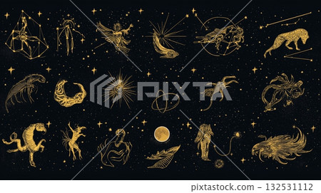 Hand drawn celestial zodiac, constellation, moon, planet and mythical creature art on night sky Hand drawn celestial zodiac, constellation, moon, planet and mythical creature art on night sky 132531112