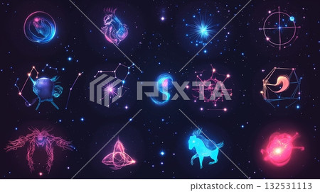 Neon constellation art of zodiac signs set against a starry night sky. Astrological symbols Neon constellation art of zodiac signs set against a starry night sky. Astrological symbols 132531113