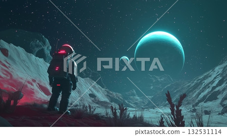 Astronaut explores alien landscape with gas giant in the sky during a distant cosmic journey 132531114