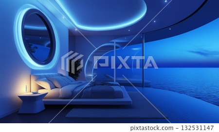 Cozy bedroom with stunning ocean view and moonlight illuminating the serene atmosphere at night 132531147