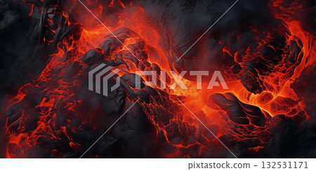 Molten lava flow in dark volcanic rock with smoke. Dynamic geological formation Molten lava flow in dark volcanic rock with smoke. Dynamic geological formation 132531171