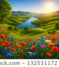 Flower fields on a hill illuminated by the setting sun 132531172