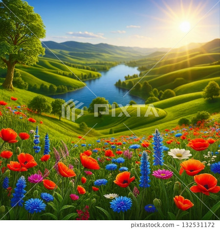 Flower fields on a hill illuminated by the setting sun Flower fields on a hill illuminated by the setting sun 132531172