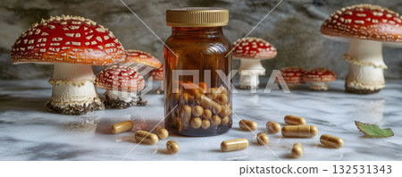 Psychedelic Mushrooms and Capsules on a Marble Surface 132531343