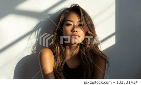 Portrait of a woman with long hair in dramatic light and shadows 132531414