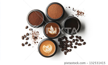 Assorted Coffee Cups with Beans and Latte Art on Neutral Background 132531415