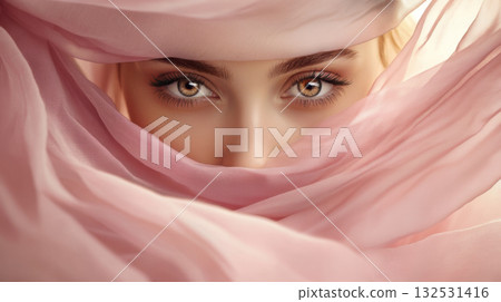 Mysterious Woman with Piercing Blue Eyes and Flowing Fabric 132531416